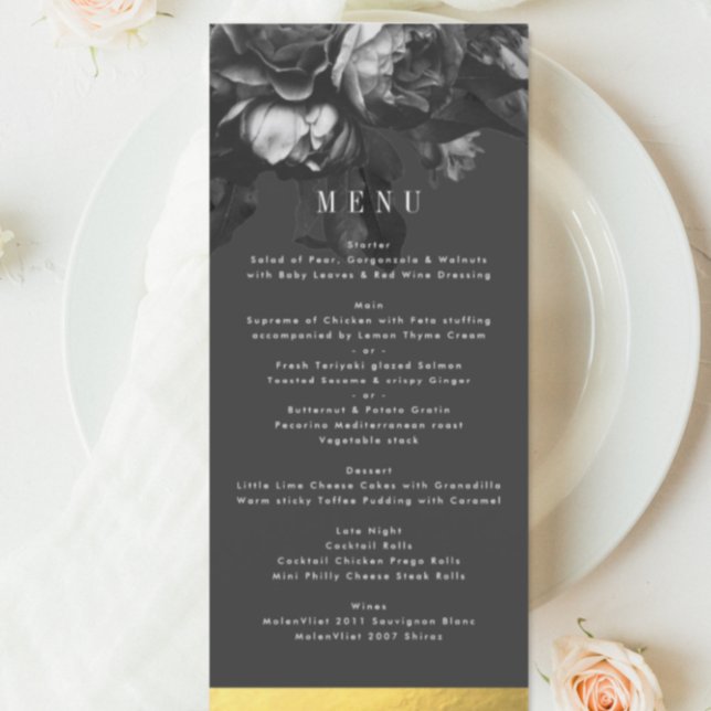Black Gold Rose Bouquet Wedding Menu Menükarte (Von Creator hochgeladen)
