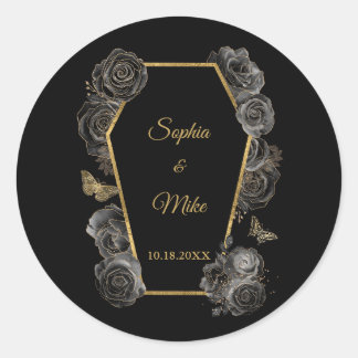 Black & Gold Rose Coffin Gotische Hochzeit Runder Aufkleber