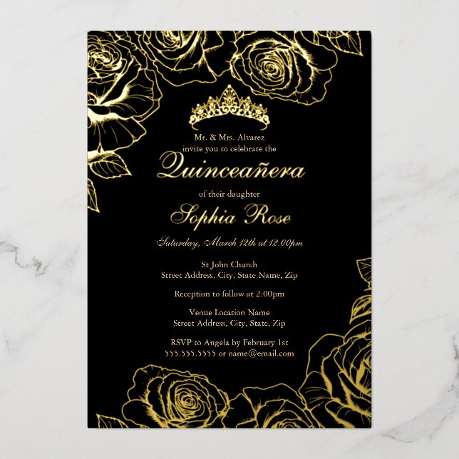 Black Gold Rose Garden Quinceanera Folieneinladung (Vorderseite)