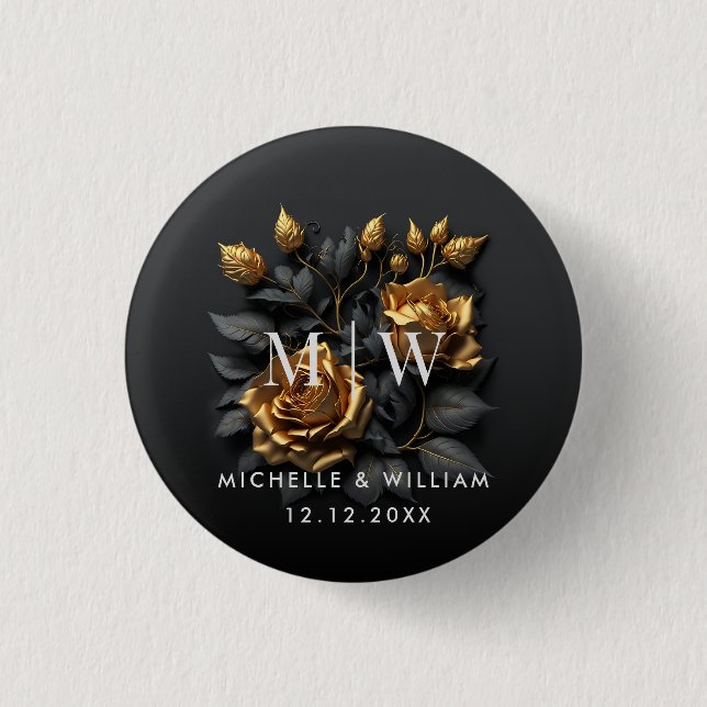 Black Gold Rose Gothic Monogram Wedding Button (Vorderseite)