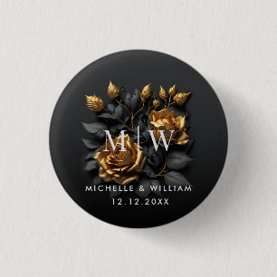 Black Gold Rose Gothic Monogram Wedding Button