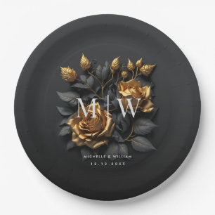 Black Gold Rose Gothic Monogram Wedding Pappteller