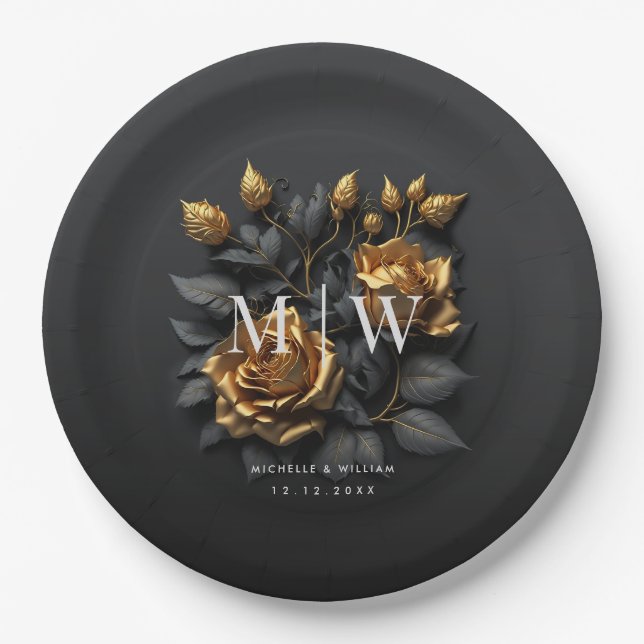 Black Gold Rose Gothic Monogram Wedding Pappteller (Vorderseite)
