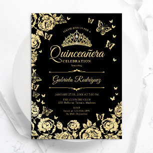 Black Gold Rose Schmetterlinge Quinceanera Einladung