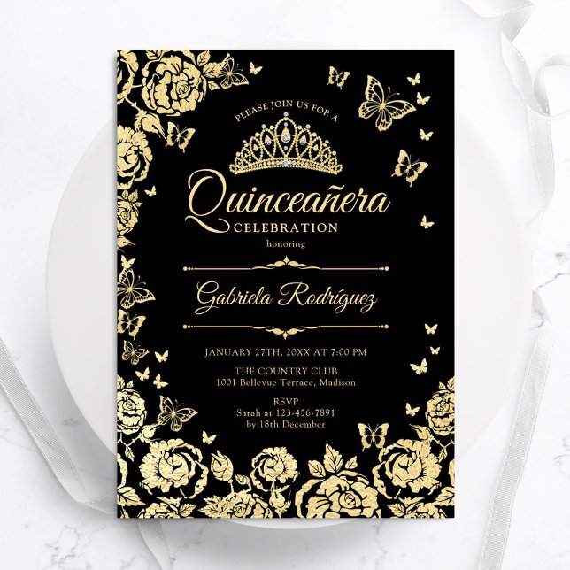 Black Gold Rose Schmetterlinge Quinceanera Einladung (Von Creator hochgeladen)