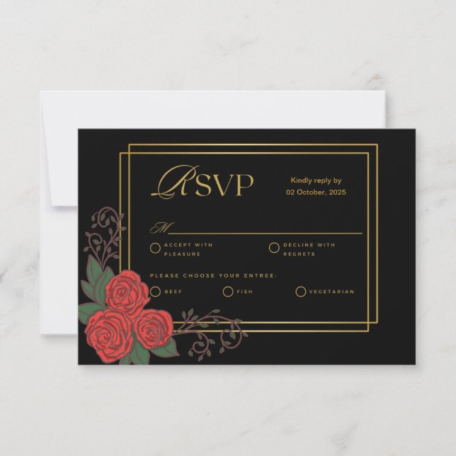 Black Gold Rote Rose Floral Wedding RSVP Card Mitteilungskarte (Vorderseite)