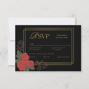 Black Gold Rote Rose Floral Wedding RSVP Card Mitteilungskarte