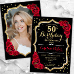 Black Gold Rote Rosen Foto 50. Geburtstag Einladung<br><div class="desc">Elegante florale Einladung zum 50. Geburtstag mit Ihrem Foto auf der Kartenrückseite. Glam Schwarz und Rot Design mit Imitaten Glitzer Gold. Enthält rote Rosen, Skript-Schriftart und Konfetti. Ideal für ein stilvolles Party für Erwachsene. Personalisieren Sie Ihre persönlichen Daten. Kann für jedes Alter angepasst werden! Gedruckte Zazzle Einladungen oder Sofortdownload digitalen...</div>