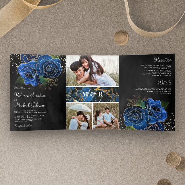 Black Gold Royal Blue Floral Foto Collage Hochzeit Dreifach Gefaltete Einladung (Von Creator hochgeladen)