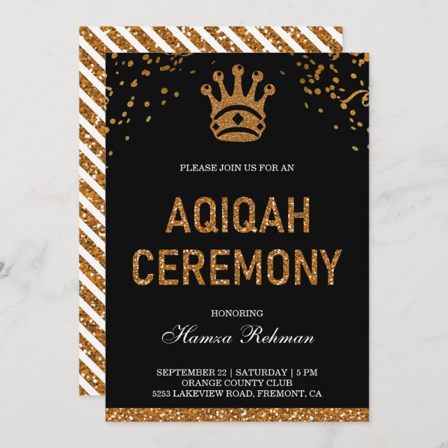 Black Gold Royal Crown Prince Aqiqah Einladung (Vorne/Hinten)