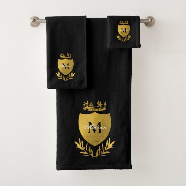 Black & Gold Royal Emblem Shield Monogram Badhandtuch Set (Insitu)