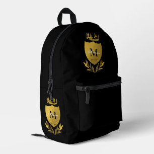Black & Gold Royal Emblem Shield Monogram Bedruckter Rucksack