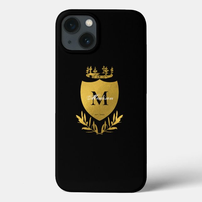 Black & Gold Royal Emblem Shield Monogram Case-Mate iPhone Hülle (Rückseite)