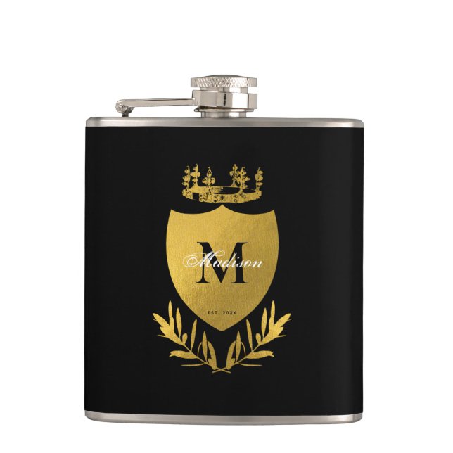 Black & Gold Royal Emblem Shield Monogram Flachmann (Vorderseite)