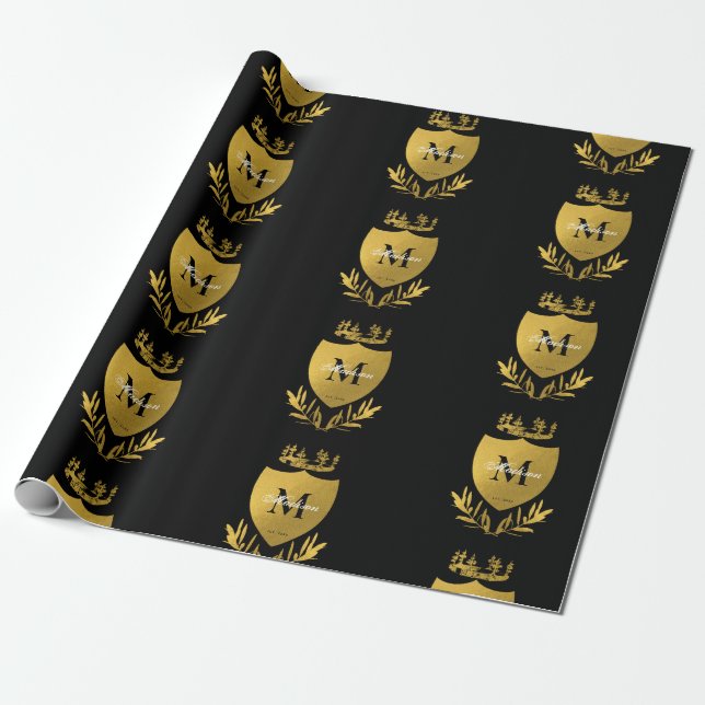 Black & Gold Royal Emblem Shield Monogram Geschenkpapier (Ungerollt)
