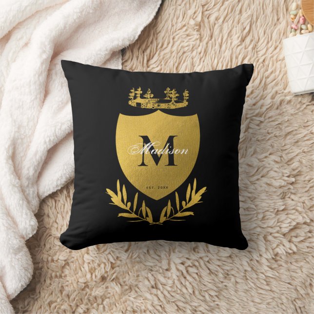 Black & Gold Royal Emblem Shield Monogram Kissen (Decke)