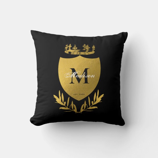 Black & Gold Royal Emblem Shield Monogram Kissen (Vorderseite)