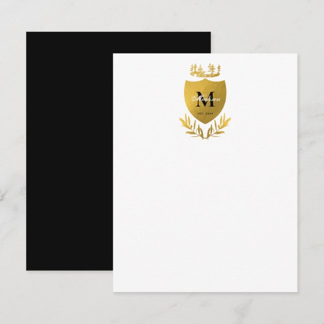 Black & Gold Royal Emblem Shield Monogram Mitteilungskarte (Vorne/Hinten)