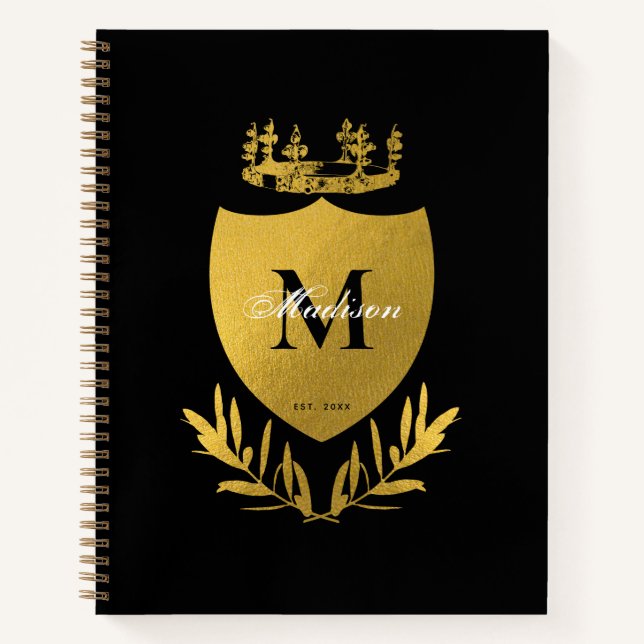 Black & Gold Royal Emblem Shield Monogram Notizbuch (Vorderseite)