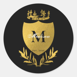 Black & Gold Royal Emblem Shield Monogram Runder Aufkleber