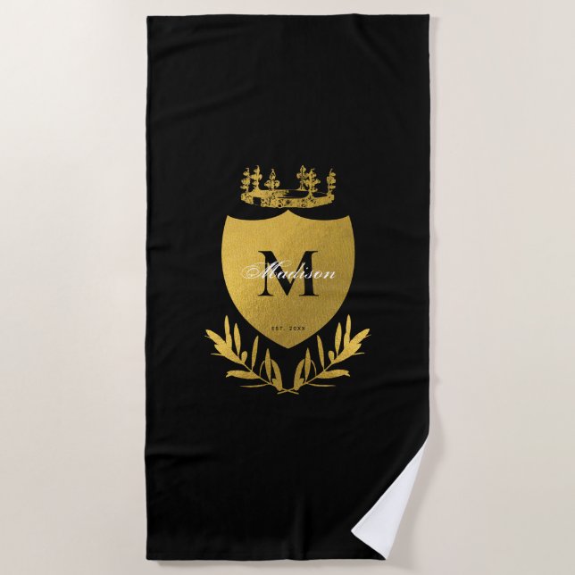 Black & Gold Royal Emblem Shield Monogram Strandtuch (Vorderseite)