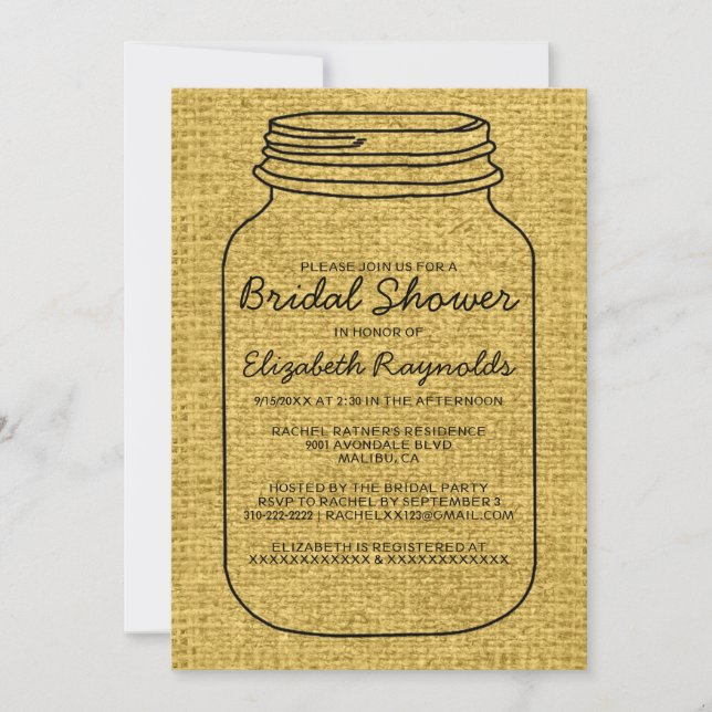 Black Gold Rustic Mason Jar Brautparty Einladung (Vorderseite)