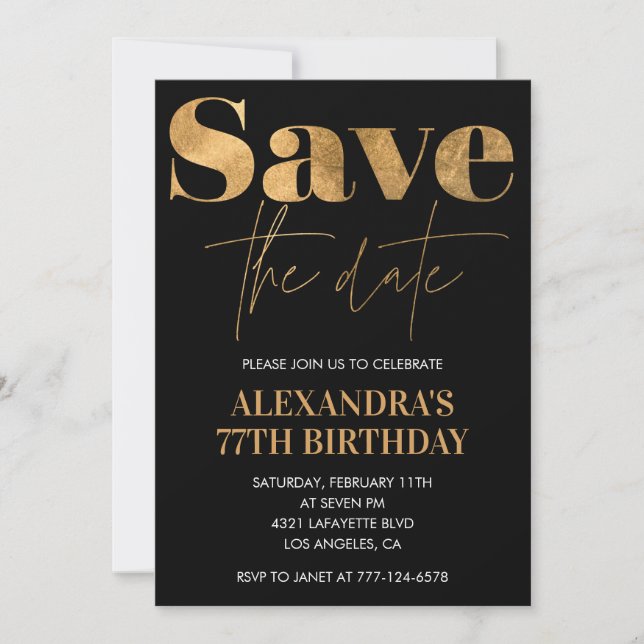 Black Gold Save the Date 77. Geburtstag Einladung (Vorderseite)