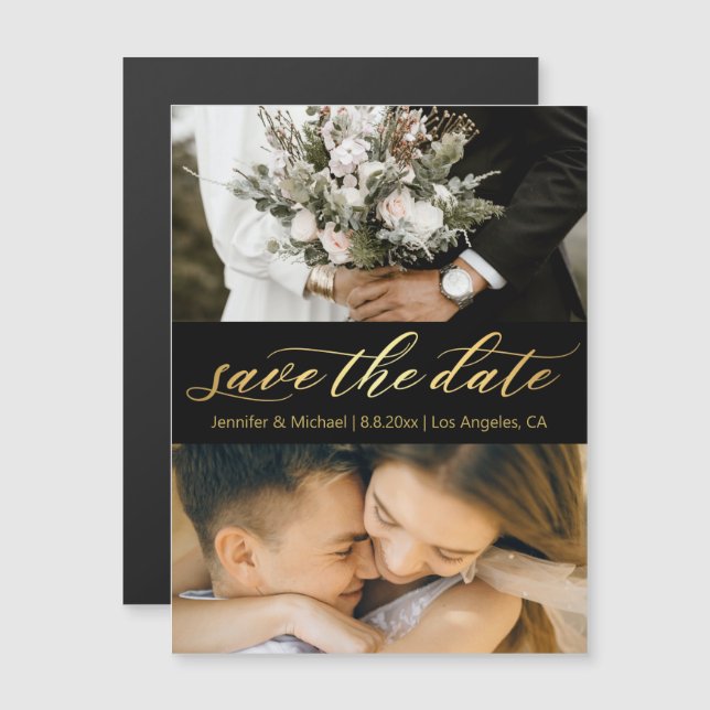 black gold script 2 photos save the date magnet (Vorne/Hinten)
