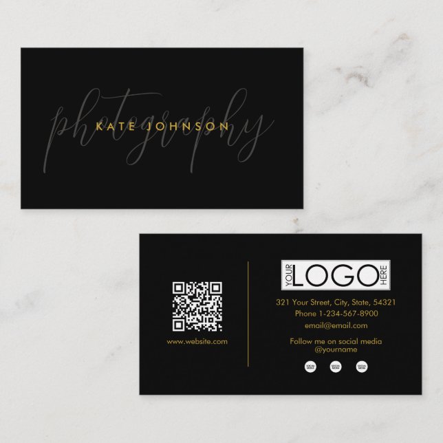 Black Gold Script Calligraphy Signature QR Code Visitenkarte (Vorne/Hinten)