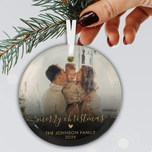 Black Gold Script Family Foto Frohe Weihnachten Ornament Aus Glas