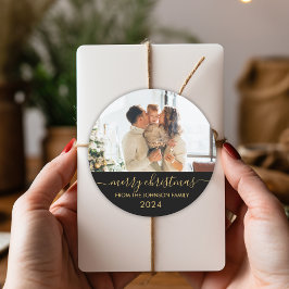 Black Gold Script Family Foto Frohe Weihnachten Runder Aufkleber