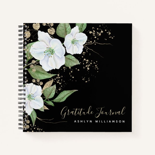 Black Gold Script Floral Watercolor Dankbarkeit Notizbuch (Vorderseite)