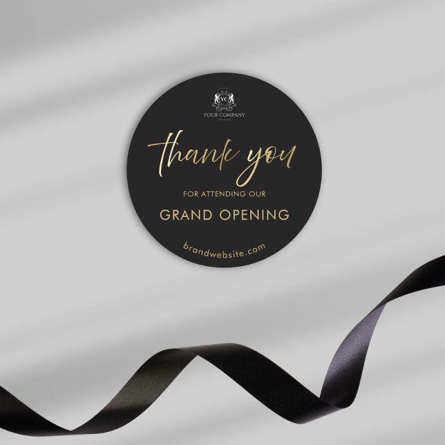 Black Gold Script Grand Opening Logo Vielen Dank Runder Aufkleber (Von Creator hochgeladen)