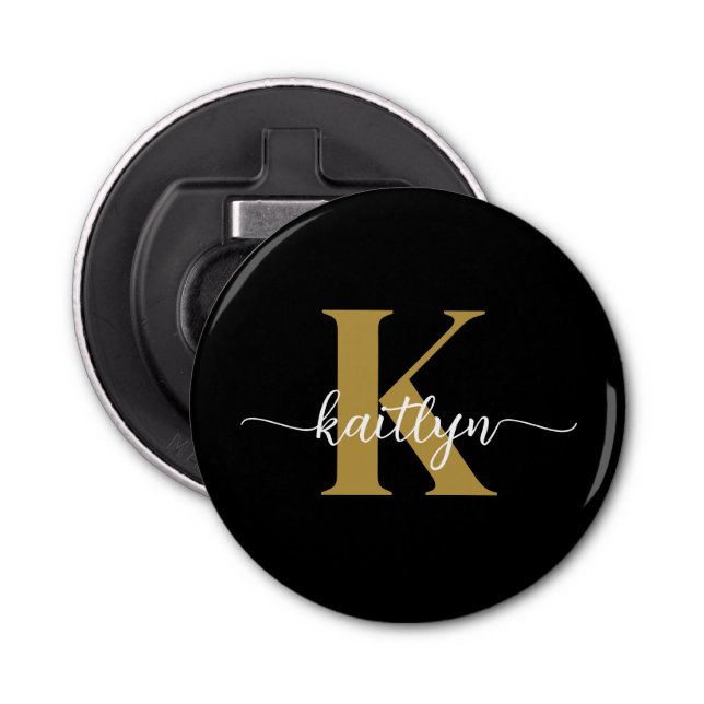 Black Gold Script Monogram Flaschenöffner (Vorderseite)