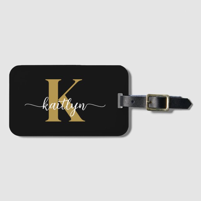 Black Gold Script Monogram Gepäckanhänger (Vorderseite (Horizontal))