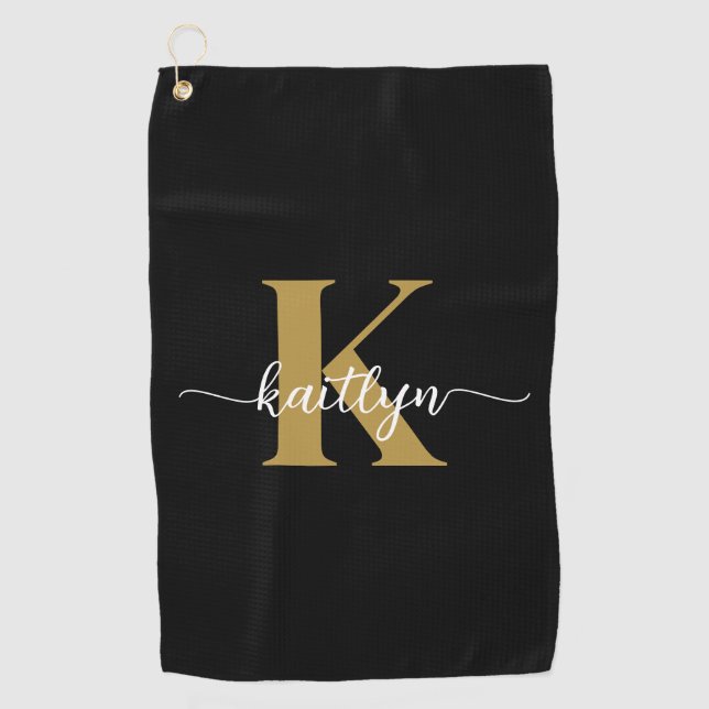 Black Gold Script Monogram Golfhandtuch (Vorderseite)