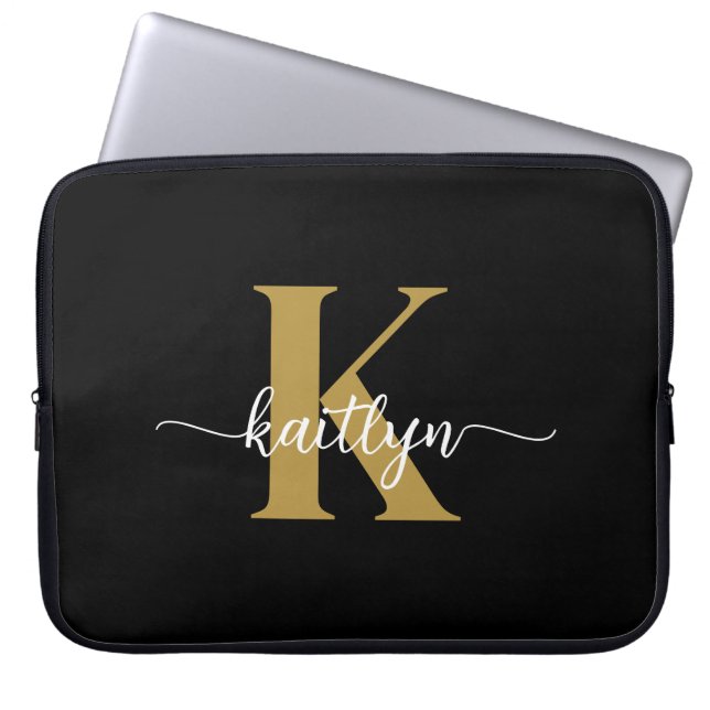 Black Gold Script Monogram Laptopschutzhülle (Vorderseite)