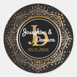 Black Gold Script Monogram | Mandala Gastgeschenk Runder Aufkleber