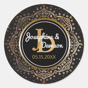 Black Gold Script Monogram   Mandala Gastgeschenk  Runder Aufkleber