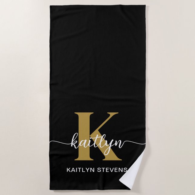 Black Gold Script Monogram Strandtuch (Vorderseite)