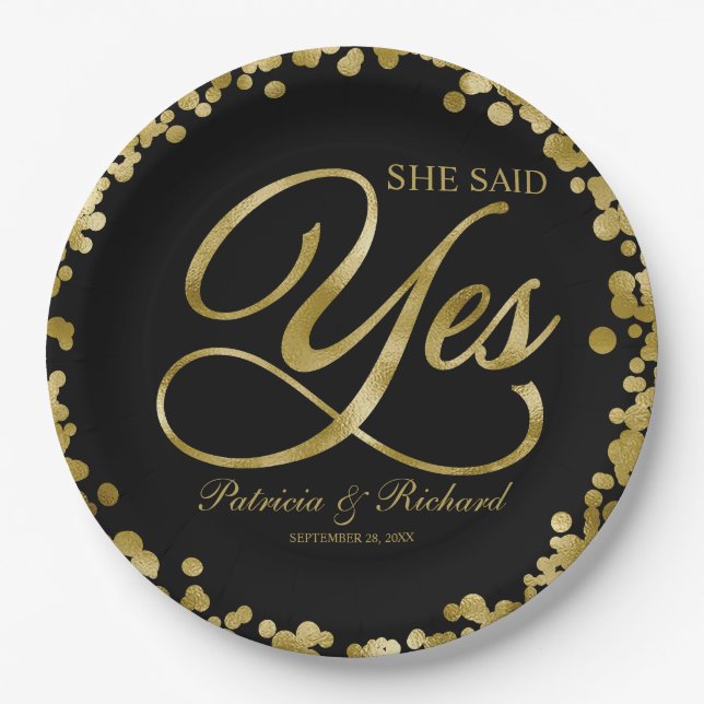Black Gold Sie sagte Ja-Engagement-Partei Pappteller (Vorderseite)
