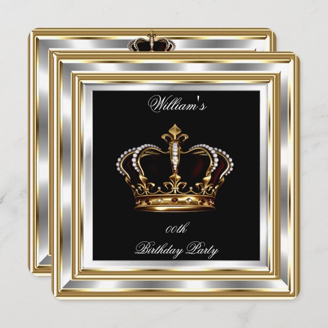 Black Gold Silver Birthday Prince King 2 Einladung (Vorne/Hinten)
