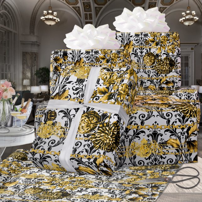 Black Gold Silver Floral Damask Acanthus Leaf Geschenkpapier (Von Creator hochgeladen)