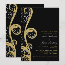 Black Gold & Silver Glitzer Elegante Swirt Hochzei Einladung
