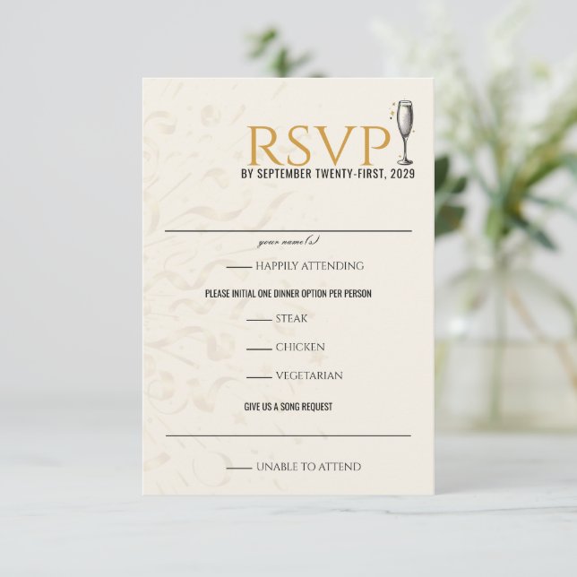 Black & Gold Silvester Hochzeit RSVP Karte (Stehend Vorderseite)