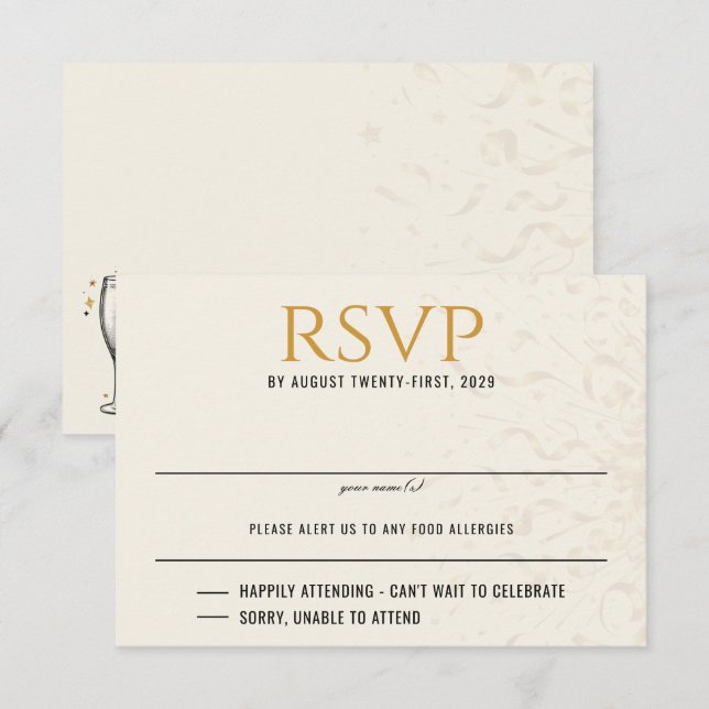 Black & Gold Silvester Hochzeit RSVP Karte (Vorne/Hinten)