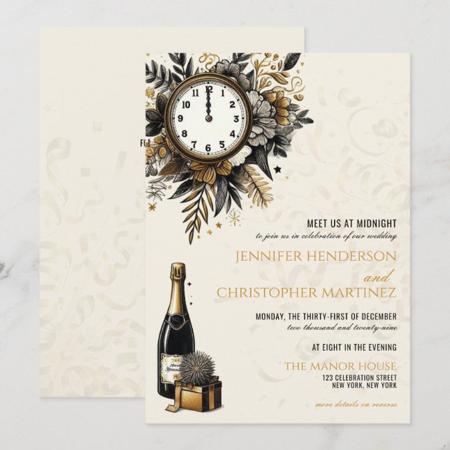 Black & Gold Silvester QR Einladung zur Hochzeit (Vorne/Hinten)