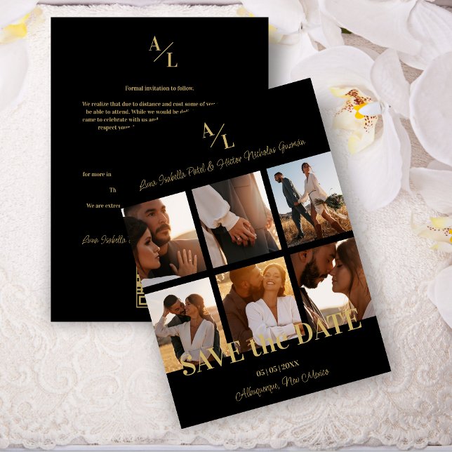 Black & Gold Simple Classic 6 Multi-Fotos Collage Save The Date (Black & Fake Gold Simple Classic 6 Multi Photos Collage Save the Date Card with Envelope. )