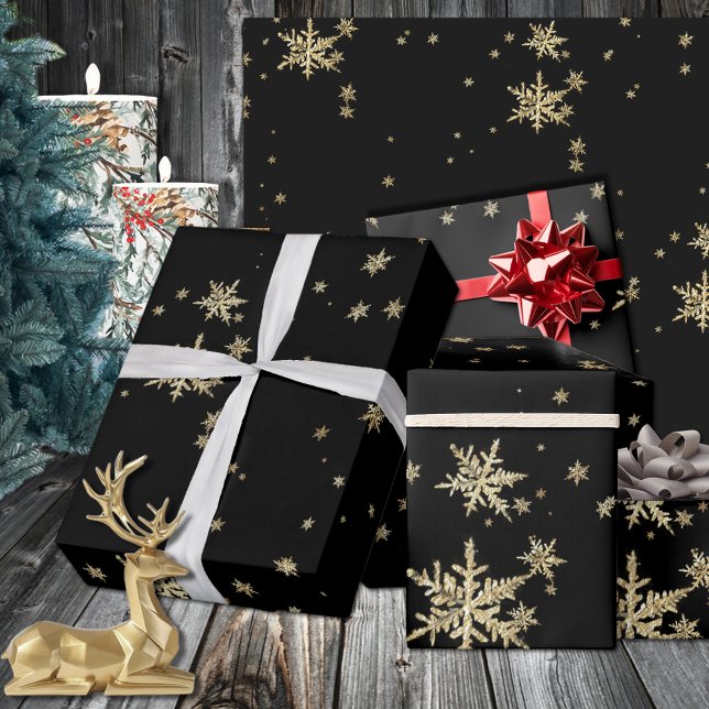 Black & Gold Snowflakes Dramatischer Urlaub Geschenkpapier (Black & Gold Snowflakes On Black Dramatic Holiday Wrapping Paper)
