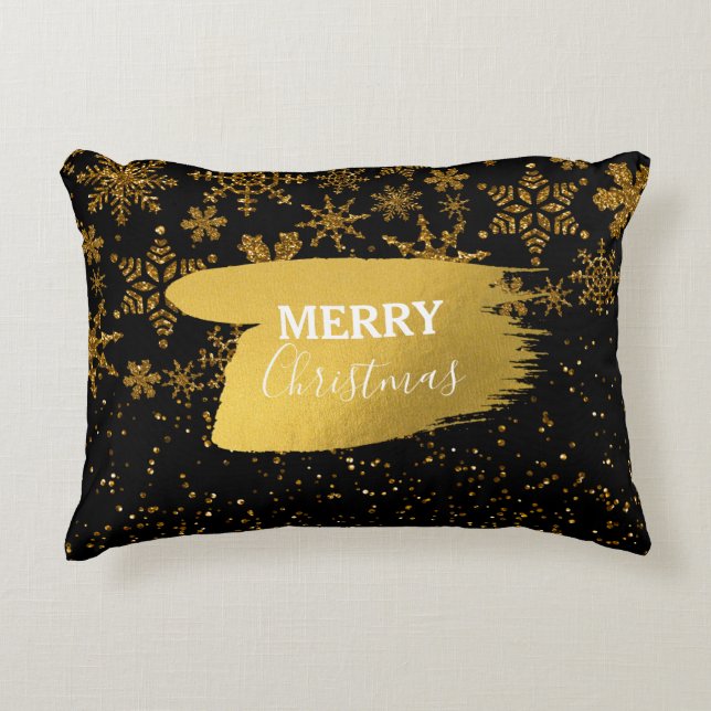 Black & Gold Snowflakes Stars Frohe Weihnachten Dekokissen (Vorderseite)